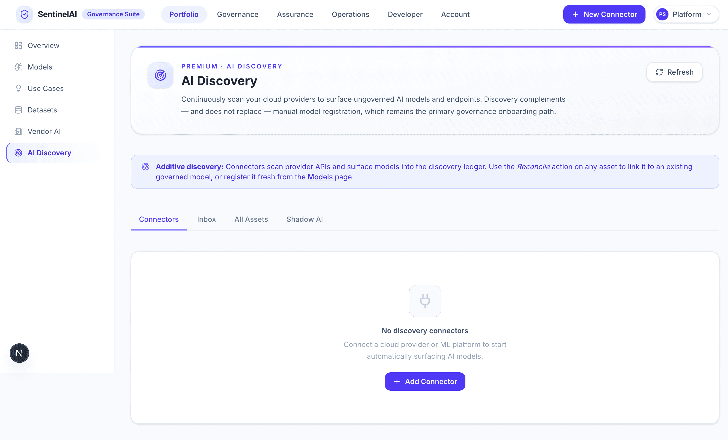 SentinelAI AI Discovery page showing discovery tabs and connector onboarding for additive AI asset discovery.