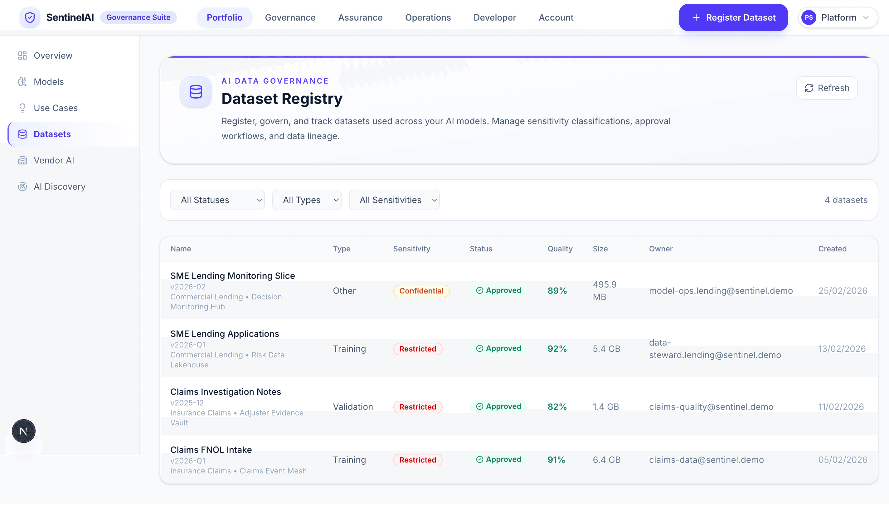SentinelAI dataset registry showing approved datasets with sensitivity, quality score, ownership, and governance filters.