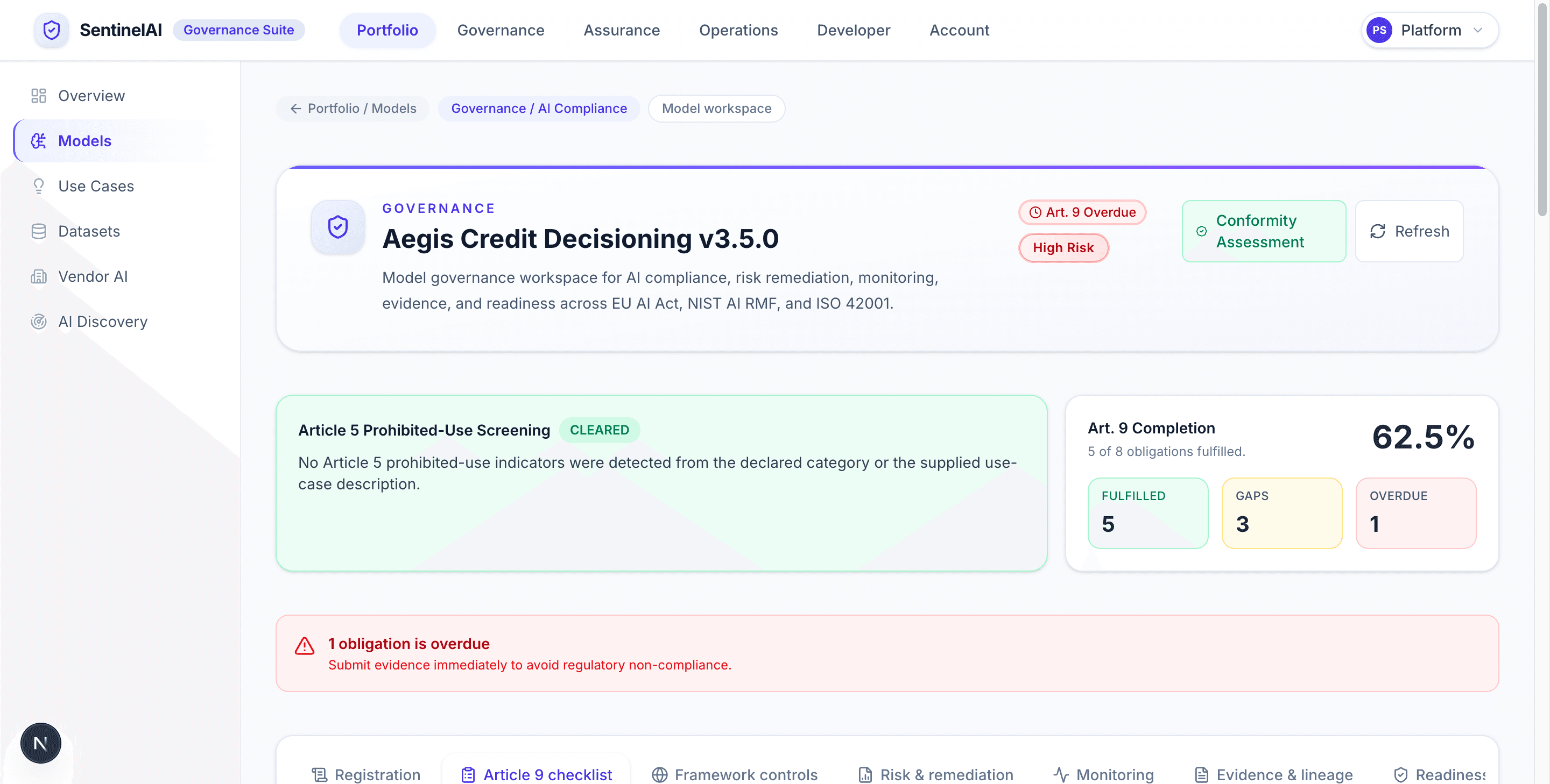 SentinelAI model governance workspace showing Article 9 checklist status, evidence actions, and model-level review tabs.
