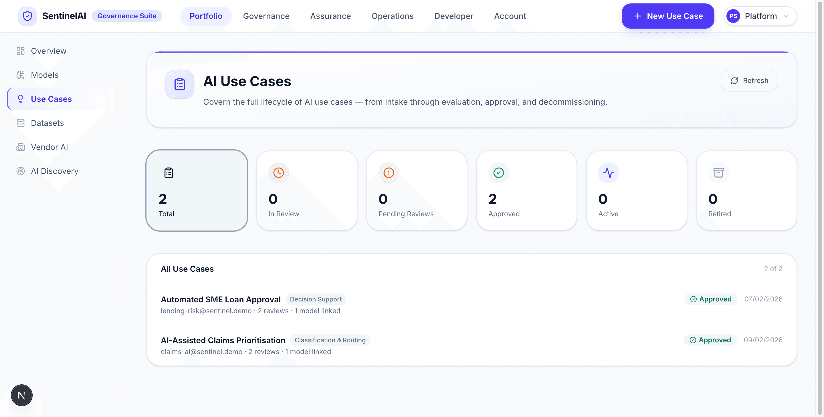 SentinelAI use cases page showing intake records with business context, owners, and review status.