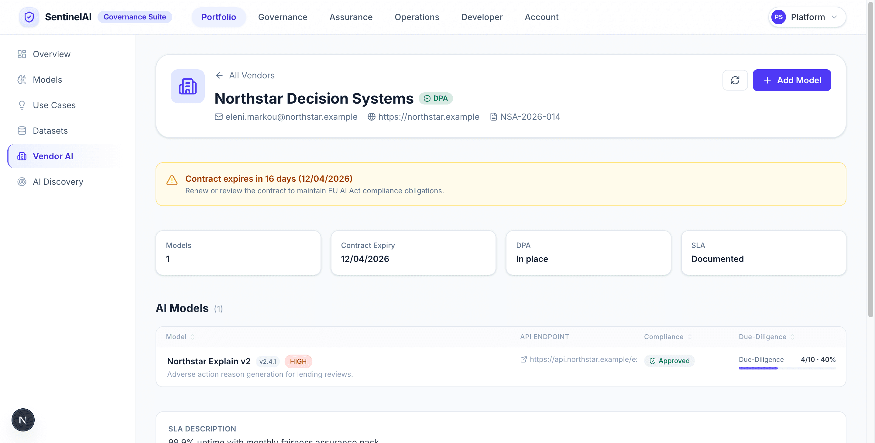 SentinelAI vendor detail page showing linked models, contract expiry, due diligence completion, and vendor oversight details.